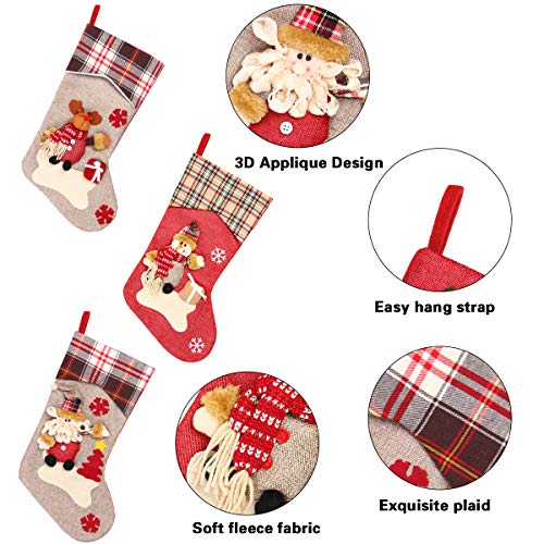 Aiduy 3 Pack 18" Christmas Stockings Decoration with Cute 3D Plush Santa Snowman Reindeer Xmas Stockings Ornament Gifts for Christmas Decorations and Family Holiday Party Decor - Thumbnail 6