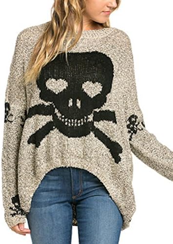 Women's Skull Shark Bite Hem Trendy Pull Over Sweaters