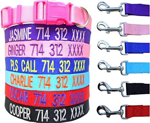Mix Paws TM - Personalized Customized Embroidered Dog Name Adjustable Nylon Collar &amp; 6FT Matching Color Nylon Leash/Lead Set