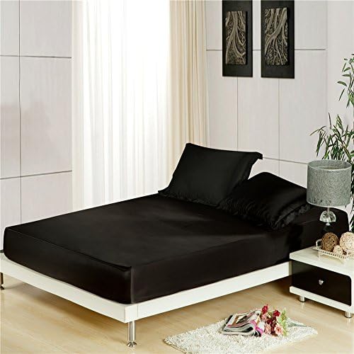 Youareking Luxury Silky Fitted Bottom Sheet, Deep Pocket Ultra Soft Bedding, Wrinkle, Fade, Stain Resistant (120x200cm, Black)