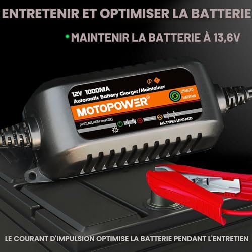 MOTOPOWER MP00205B 12V 1000mA Fully Automatic Battery Charger/Maintainer - Black