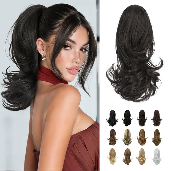 Sofeiyan 13" Ponytail Extension Long Curly Ponytail Clip in Claw Hair Extension Natural Looking Synthetic Hairpiece for Women,Darkest Brown Tend to Black โ image 1