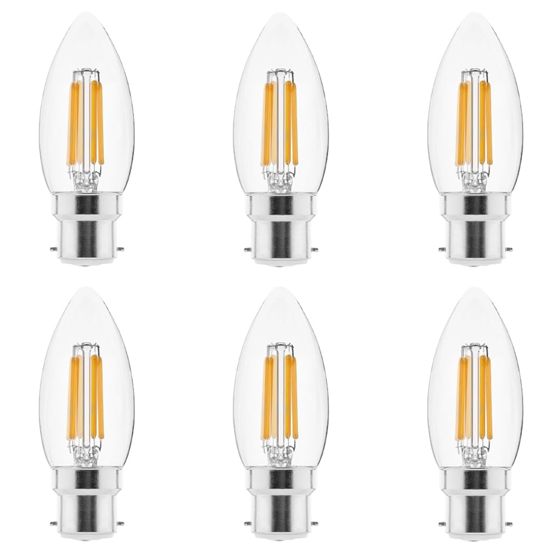 B22 LED Filament Candle Bulb,C35 4W Edison Candle Light Bulbs, Warm White 2700K,Bayonet Dimmable Led Bulb,40W Incandescent Equivalent(6 Pack