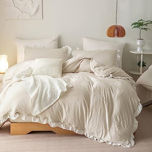 Lanqinglv Rüschen Bettwäsche 220x240 Beige Weiß,ÖKO-TEX Zertifiziert