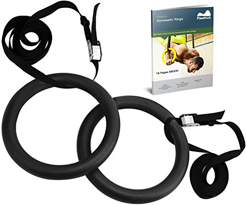 Reehut Gymnastic Rings W/ Adjustable Straps, Metal Buckles & Manual - Home Gym (Set of 2) - Non-Slip - Great For Workout, Strength Training, Fitness, Pull Ups and Dips Black