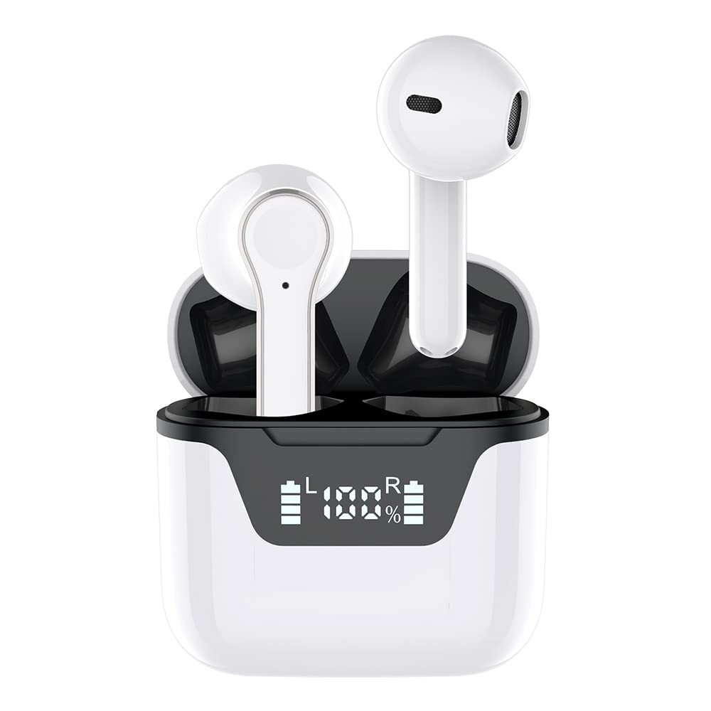 RANZAH True Wireless Bluetooth 5.1 Headphones, Noise Cancelling Earbuds Business, Sports, Professional Waterproof Earphone Built in Microphone, HiFi Sound LED Display Wide Compatibility (White)