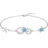 Infinity Turtle Bracelet Sea Turtle Bracelets for Women Blue Opal Bracelet Sterling Silver Jewelry Infinity Chain Adjustable Pendant Starfish Summer Beach Bangle