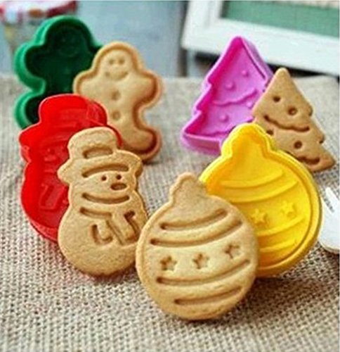 Christmas Themed Cookie Cutter Set By Garloy(4 Pack),Cute Cookies Cake Topper Sugar Craft Chocolate Decorating Plunger Cutter Mold,Spring-loaded Handle, Food Safe Plastic(Colors May Vary)