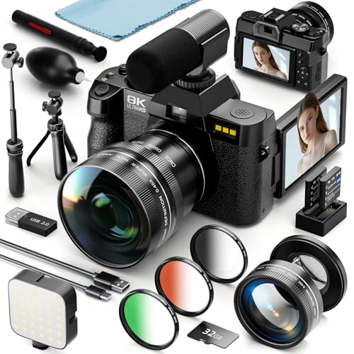 8K Digital Cameras for Photography, 64MP Vlogging Camera with 180°Flip Screen，2 Batteries, 32GB TF Card，16X Zoom, WiFi, 3 Color Filters,Microphone, Tripod, Wide & Macro Lens Kit (Black)