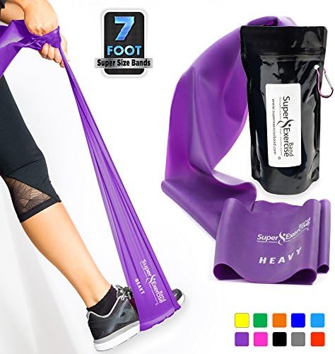 Super Exercise Band 7 ft. Long Resistance Bands. Flat Latex Free Home Gym Fitness Equipment For Physical Therapy, Pilates, Stretch, Yoga, Strength Training Workout. In Light, Medium or Heavy Tension.