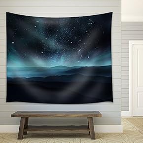 Starry Night Sky with Aurora Over The Hills - Fabric Wall Tapestry Home Decor - 51x60 inches