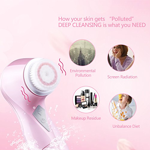 Valentine's Day Gift Electric Facial Brush Ultrasonic Vibration Face Cleansing Brush with 2 Brush Heads 60s Auto-off Makeup Remove Pore Cleanser, Pink. Hepburn.S