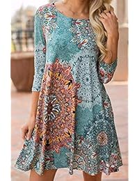 Silvous - Vestido de mujer con mangas de 3 4 de damasco, floral, bohemia túnica, Swing, Midi, bolsillos