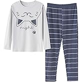 Big Girls Pajamas Set -Cute Bunny Long Sleeve and Pant Casual Loungewear Young PJS Size 12-16 (8, Grey&Blue(Cat))