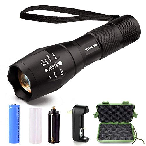 JCHope LED Flashlight, Rechargeable 18650 Lithium Ion Battery and Charger, 5 Modes Zoomable Adjustable Focus For Hiking, Camping