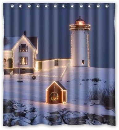 Hot Sale Christmas Lighthouse Pattern Waterproof Bathroom Fabric Shower Curtain,Bathroom decor 66" x 72" inches