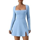 QINSEN Womens Square Neck Bodice Dress Long Sleeve Side Slit Flare Mini Dresses