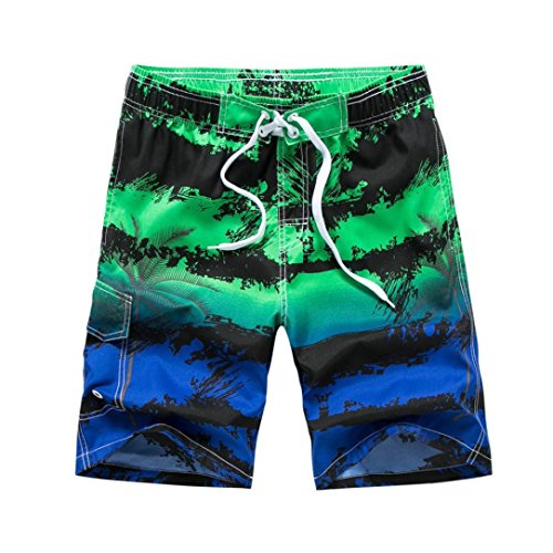 Koolee Tether Bikini Swimwear Sexy Men's Stripe Breathable Swim Trunks Shorts Palm Tree Print Boxer Quick Dry Swim Pants Pockets Underwear Boxer Brief (XL, Green)