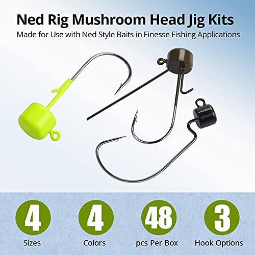 MadBite Ned Rig Jig Hook Kits, Finesse Mushroom Jig Heads for Soft Lures (48 Pcs Standard