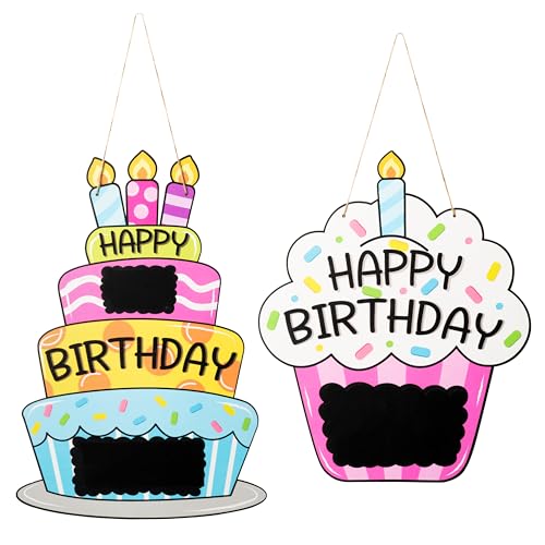 L1rabe Happy Birthday Wooden Door Decor 2Pcs Colorful Happy Birthday Personalized Name Hanging Welcome Door Hanger Sign Cake Design Wood Sign Hanging Ornament for Kids Students Back to School Gifts