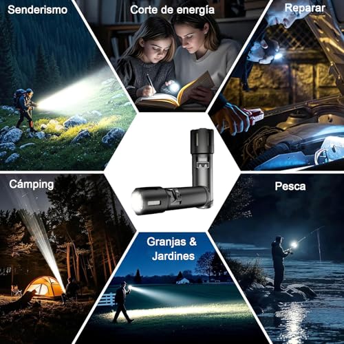 ALKDHDU Linterna Led Recargable 10000 Lumenes,Lampara de Mano Potente Tactico Militar USB,IPX5 Impermeable 4 Modos, Tecnología de Cola Innovadora para Emergencias,Camping,Exteriores y Aventuras