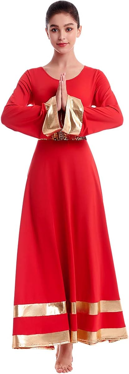 Women Metallic Praise Dance Dress Bell Long Sleeve Full Length Liturgical Tunic Skirt+Sequins Waistband Worship Costume: Clothing