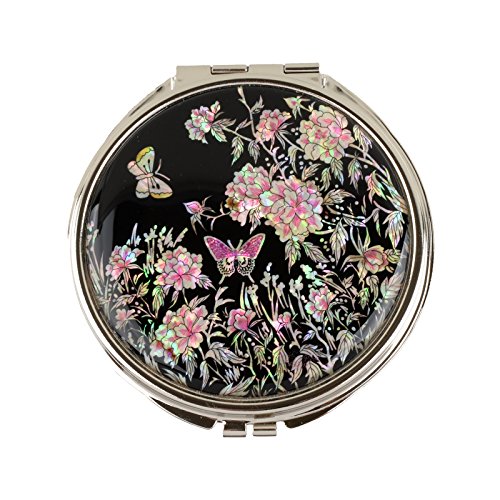 Round Compact MagnifyingÂ Make up Double sided Mirror Mother Of Pearl Art flower and butterfly