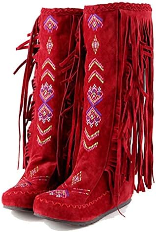 QSCQ Womens Bohemian Fashion Boots Ethnic Flock Tassle Hidden Slip On Winter Knee High Boots