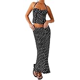 Mxiqqpltky Polka Dot 2 Piece Skirt Sets for Women Slim Fit Halter Cami Top Bodycon Maxi Skirt Set Y2K Beach Vacation Clothes