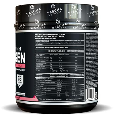 SASCHA FITNESS Hydrolyzed Multi Collagen Peptides Tipes 1,2 & 3 |Hyaluronic Acid|Biotin |Cynatine HSN|Vitamin C & E |for Hairs, Skin & Bone Support|Strawberry Lemonade