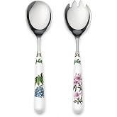 Portmeirion Botanic Garden Set of 2 Salad Servers | 10 Inch Salad Serving Set | Azalea and African Lily Motifs | Made from Stainless Steel and Porcelain
