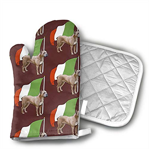 CUUOP13 Cane Corso Wth Italian Flag Silicone Oven Mitts and Pot Holder Kitchen Set Non-Slip Grip,Heat Resistant,Oven Gloves and Pot Holders 2pcs Set for BBQ Cooking Baking,Grilling,Machine Washable