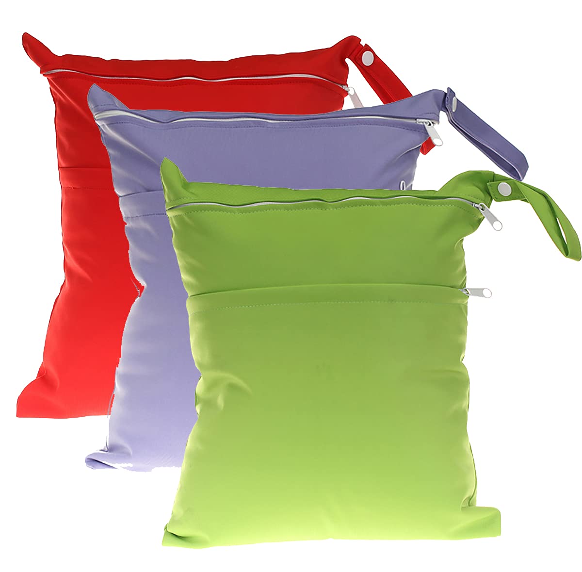 Egurs Wet Bag Wet Bag 3 Pieces 30 x 36 cm Large Plain Nappy Bag Reusable Nappy Bag Organiser Bag with Two Zip Pockets Red + Grey + Green