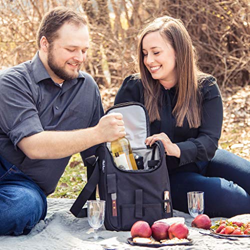 Insulated Travel Wine Tote Bag: Portable 2 Bottle Wine and Cheese Waterproof Black Canvas Carrier Bag Set with Picnic Backpack Kit (Black)