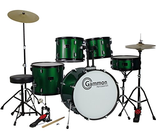 New Metallic Green Drum Set Full Size 5-Piece Kit with Cymbals Stands Throne and Sticks