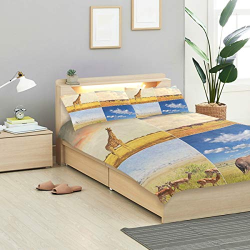 CHASOEA Duvet Cover Set African Safari Collage Lanscape with Native Animals Grassland Savannahs Mamals Decorative 3 Piece Bedding Set with 2 Pillow Shams Twin Size