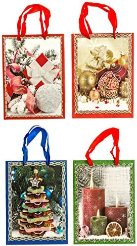 Christmas Gift Bags, Set of 4, Four New Designs, Ribbon Handles, Glitter Accent, 7 in x 9 in x 4 in