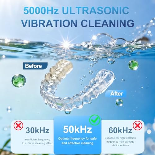 Ultrasonic Cleaner 50 kHz, Rechargeable Ultrasonic Cleaner 2000 mAh with 4 UV Lamps, 230 ml Container for Dentures, Toothbrushes, Aligners, Retainers, Dentures, Jewellery – White