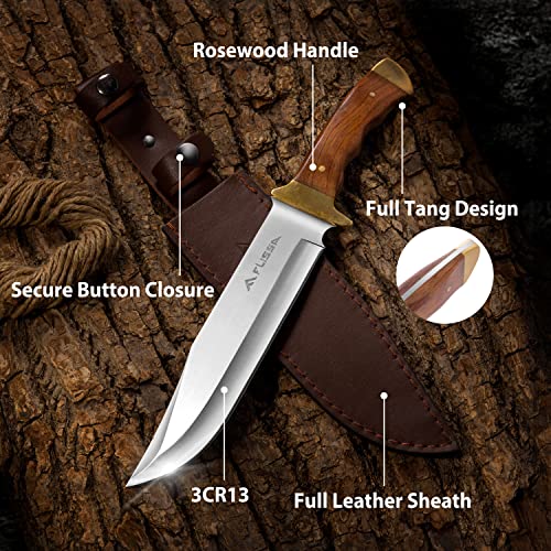 Flissa 14-inch Bowie Hunting Knife, Full-tang Fixed Blade Wood Handle Knife with Leather Sheath for Outdoor Survival, Camping, Hiking