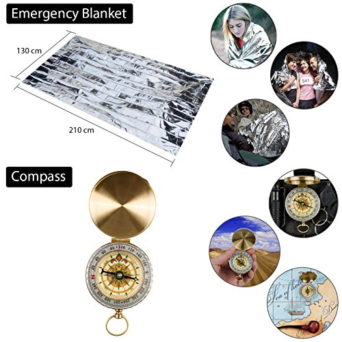 Oriketech Emergency Survival Kit 15 in 1 Mini Survival Gear Kit Outdoor Survival Tool with Thermal Blanket Carabiner Fire Starter More for Adventure Outdoors Sports Traveling Hiking