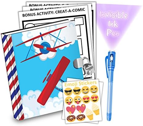 Airplane Kids Diary With Lock Includes 6.5 Inch Diary, Invisible Ink Pen, Stickers, &amp; Bonus Activity Pages