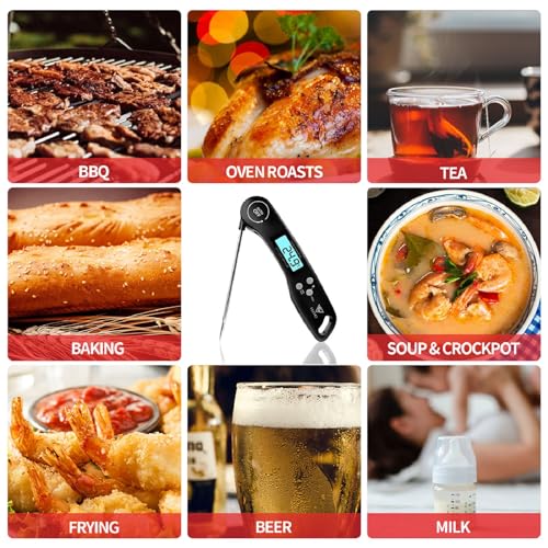 DOQAUS Digital Meat Thermometer, Instant Read Food Thermometer with Backlight LCD Screen, Foldable Long Probe & Auto On/Off, Meat Thermometer Probe for Kitchen, BBQ, Water, Milk, Cooking Food (Black)