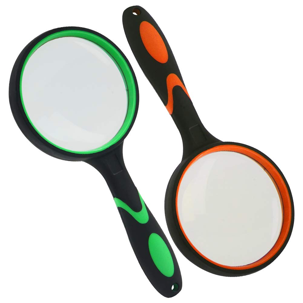 HAKACC Kids Magnifying Glass Set of 2 (5X & 10X), Handheld Magnifier with Non-Slip Rubber Handle, Shatterproof Lens for Reading, Nature Exploration, Classroom Science