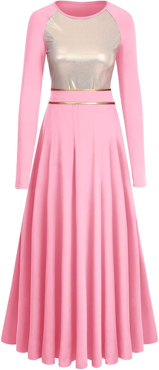 IBAKOM Women Metallic Gold Liturgical Praise Dance Worship Dress Color Block Long Loose Fit Full Length Church Robe Dancewear: Clothing