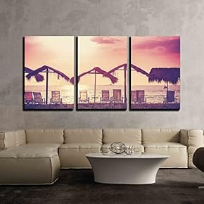 3 Piece Canvas Wall Art - Retro Filtered Picture of Beach Chairs and Umbrellas at Sunset - Modern Home Art Stretched and Framed Ready to Hang - 16"x24"x3 Panels