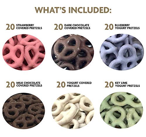 Chocolate Covered Pretzels Gift Box by Coco's Gift Baskets. 6 Assorted Flavors. Milk, Dark Chocolate, Blueberry, Key Lime, Strawberry, Yogurt. Perfect Nut Gift for Christmas, Friends, Family.