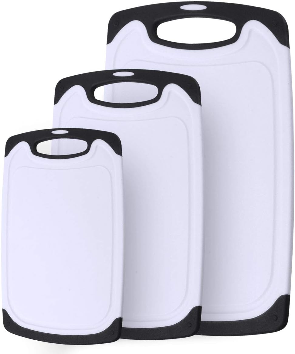 Vicloon Schneidbretter, Set 3-teilig Kunststoff Schneidebrett mit Saftrillen und rutschfeste Griffe, Antibakteriell, Spülmaschinenfest, 3 Größen Kann für Fisch, Fleisch, Gemüse, Obst - Weiß