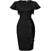 Memoriesea Women's Wear to Work Vintage Ruffle Peplum Cocktail Pencil Knee Midi Dress