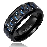 8MM Mens Titanium Ring Wedding Band Black Plated with Black and Blue Carbon Fiber Inlay [Size 13]