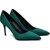 MOOMMO Women Green Slip On Satin Heels Dress Shoes Classic High Heels Pump Pointed Toe Stiletto Suede Pump Wedding Office Closed Toe Kitten Heel Sandals Ladies Dressy Retro Elegant Satin Dark Green 8